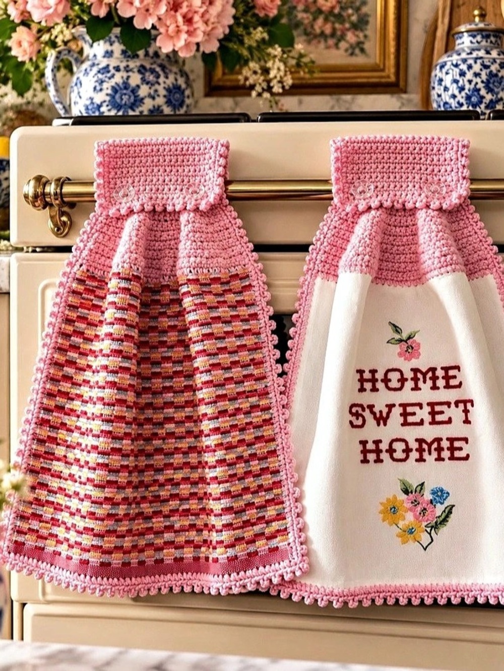 Artisan Handmade Crochet Hanging Towels Set 2 Home Sweet Home Pink Yarn